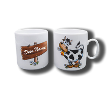 Laden Sie das Bild in den Galerie-Viewer, Weiße Tasse mit Namen Kuh und Schild