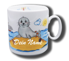 Laden Sie das Bild in den Galerie-Viewer, Tasse aus Porzellan mit Namen und Seehund Moin Moin