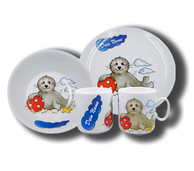 Geschirr aus Porzellan mit Namen und Seehund Ball