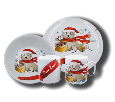 Geschirr aus Porzellan mit Namen und Seehund Weihnachten