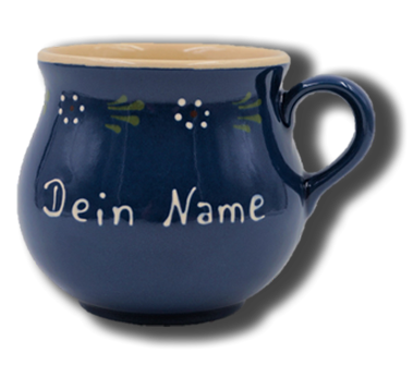 Tasse aus Keramik mit Namen in Bunzlau Blau extra groß bauchig