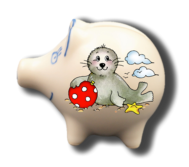 Sparschwein mit Namen und Seehund Ball