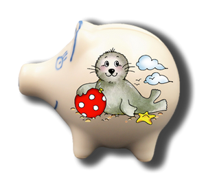 Sparschwein mit Namen und Seehund Ball