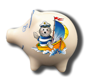 Sparschwein mit Namen und Seehund Boot
