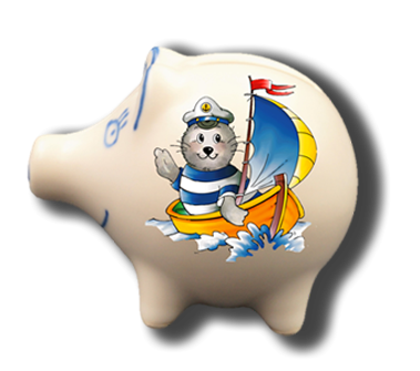 Sparschwein mit Namen und Seehund Boot