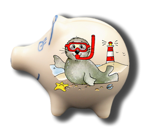 Sparschwein mit Namen und Seehund Taucherbrille
