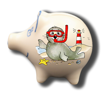 Sparschwein mit Namen und Seehund Taucherbrille